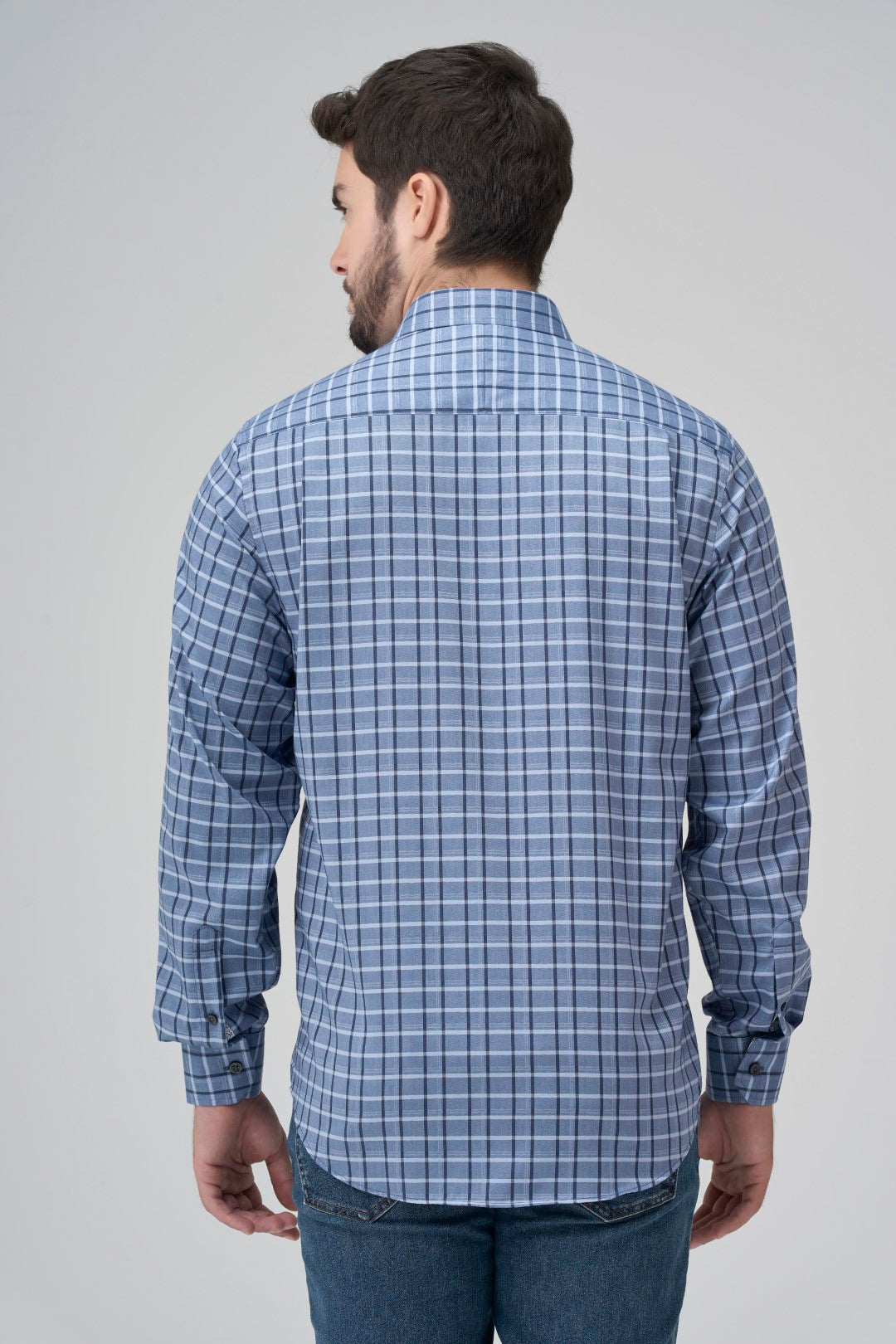 Multi Blue Plaid Cotton Sport Shirt with Hidden Button Down Collar by Leo Chevalier