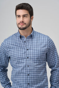 Multi Blue Plaid Cotton Sport Shirt with Hidden Button Down Collar by Leo Chevalier