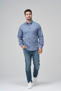 Multi Blue Plaid Cotton Sport Shirt with Hidden Button Down Collar by Leo Chevalier