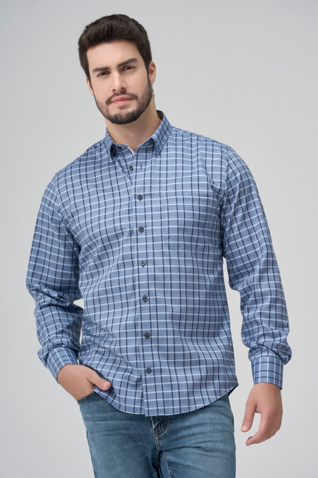 Multi Blue Plaid Cotton Sport Shirt with Hidden Button Down Collar by Leo Chevalier