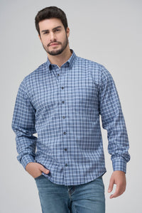 Multi Blue Plaid Cotton Sport Shirt with Hidden Button Down Collar by Leo Chevalier