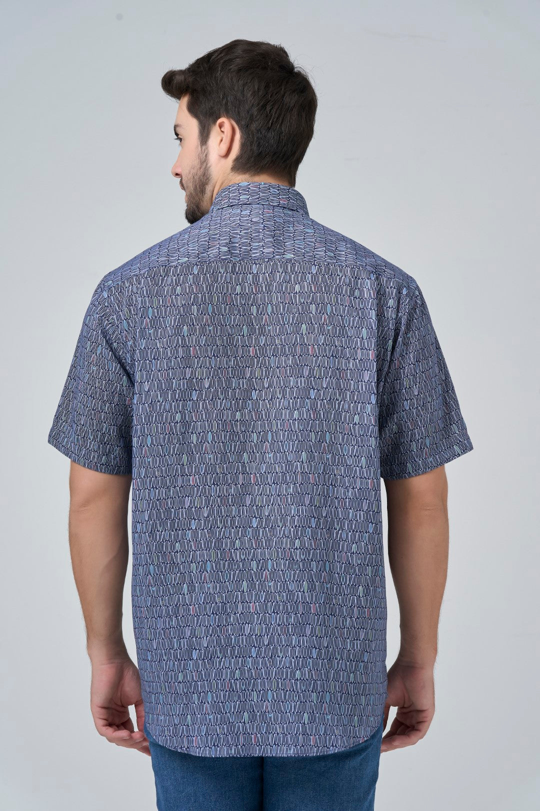 Surf's Up Navy Print Short Sleeve No-Iron Cotton Sport Shirt with Hidden Button Down Collar by Leo Chevalier