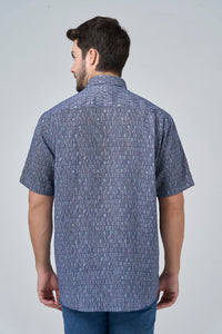 Surf's Up Navy Print Short Sleeve No-Iron Cotton Sport Shirt with Hidden Button Down Collar by Leo Chevalier