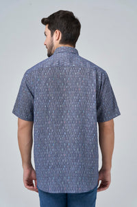 Surf's Up Navy Print Short Sleeve No-Iron Cotton Sport Shirt with Hidden Button Down Collar by Leo Chevalier