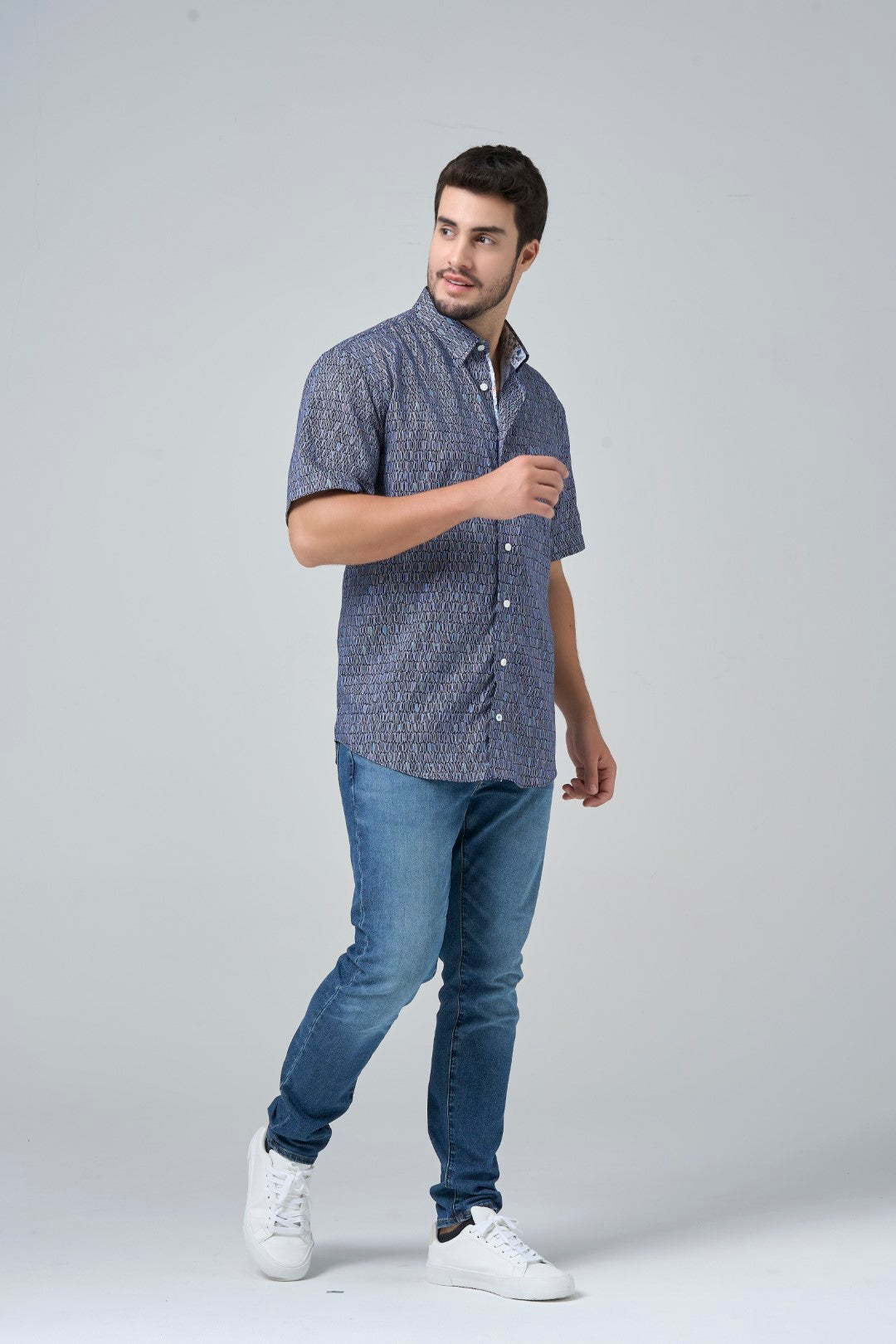 Surf's Up Navy Print Short Sleeve No-Iron Cotton Sport Shirt with Hidden Button Down Collar by Leo Chevalier