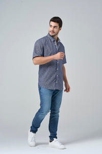 Surf's Up Navy Print Short Sleeve No-Iron Cotton Sport Shirt with Hidden Button Down Collar by Leo Chevalier
