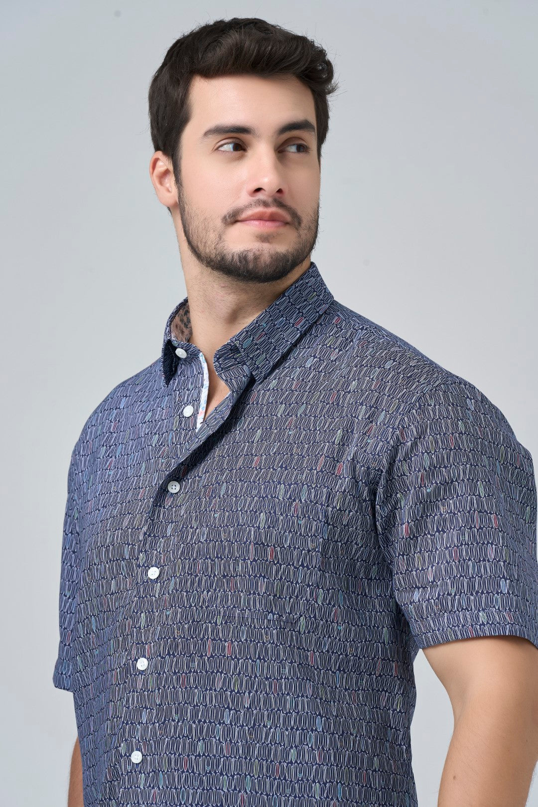 Surf's Up Navy Print Short Sleeve No-Iron Cotton Sport Shirt with Hidden Button Down Collar by Leo Chevalier