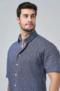 Surf's Up Navy Print Short Sleeve No-Iron Cotton Sport Shirt with Hidden Button Down Collar by Leo Chevalier