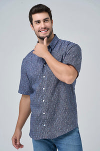 Surf's Up Navy Print Short Sleeve No-Iron Cotton Sport Shirt with Hidden Button Down Collar by Leo Chevalier