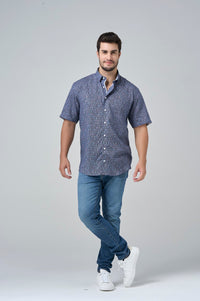 Surf's Up Navy Print Short Sleeve No-Iron Cotton Sport Shirt with Hidden Button Down Collar by Leo Chevalier