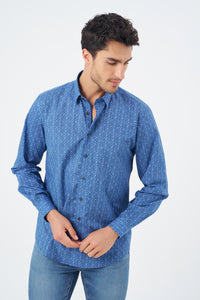 Multi Blue Geometric Cotton Sport Shirt with Hidden Button Down Collar by Leo Chevalier