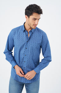 Multi Blue Geometric Cotton Sport Shirt with Hidden Button Down Collar by Leo Chevalier