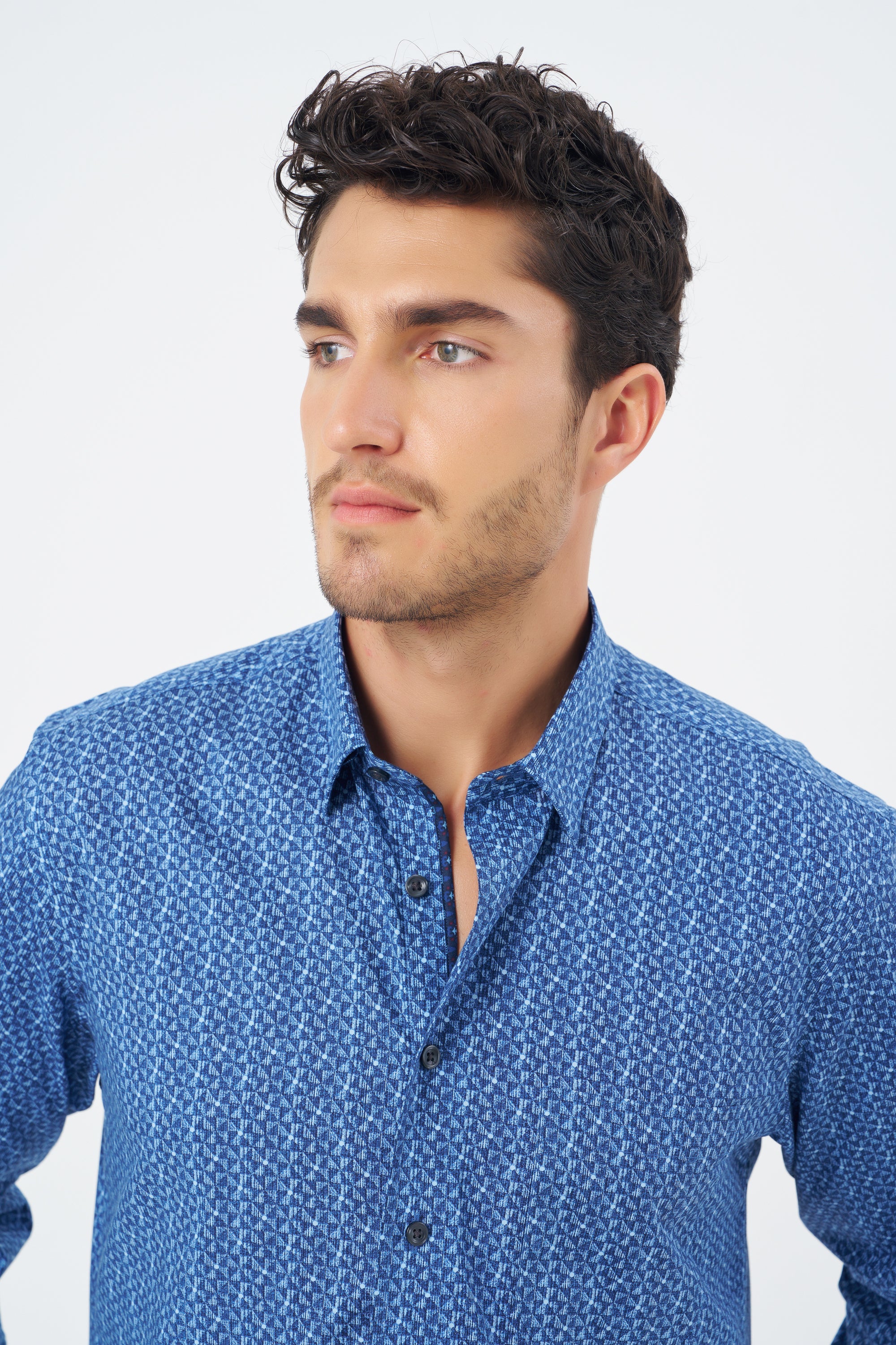 Multi Blue Geometric Cotton Sport Shirt with Hidden Button Down Collar by Leo Chevalier