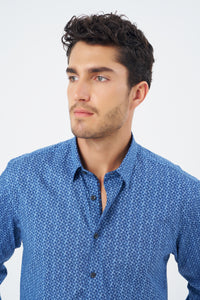 Multi Blue Geometric Cotton Sport Shirt with Hidden Button Down Collar by Leo Chevalier