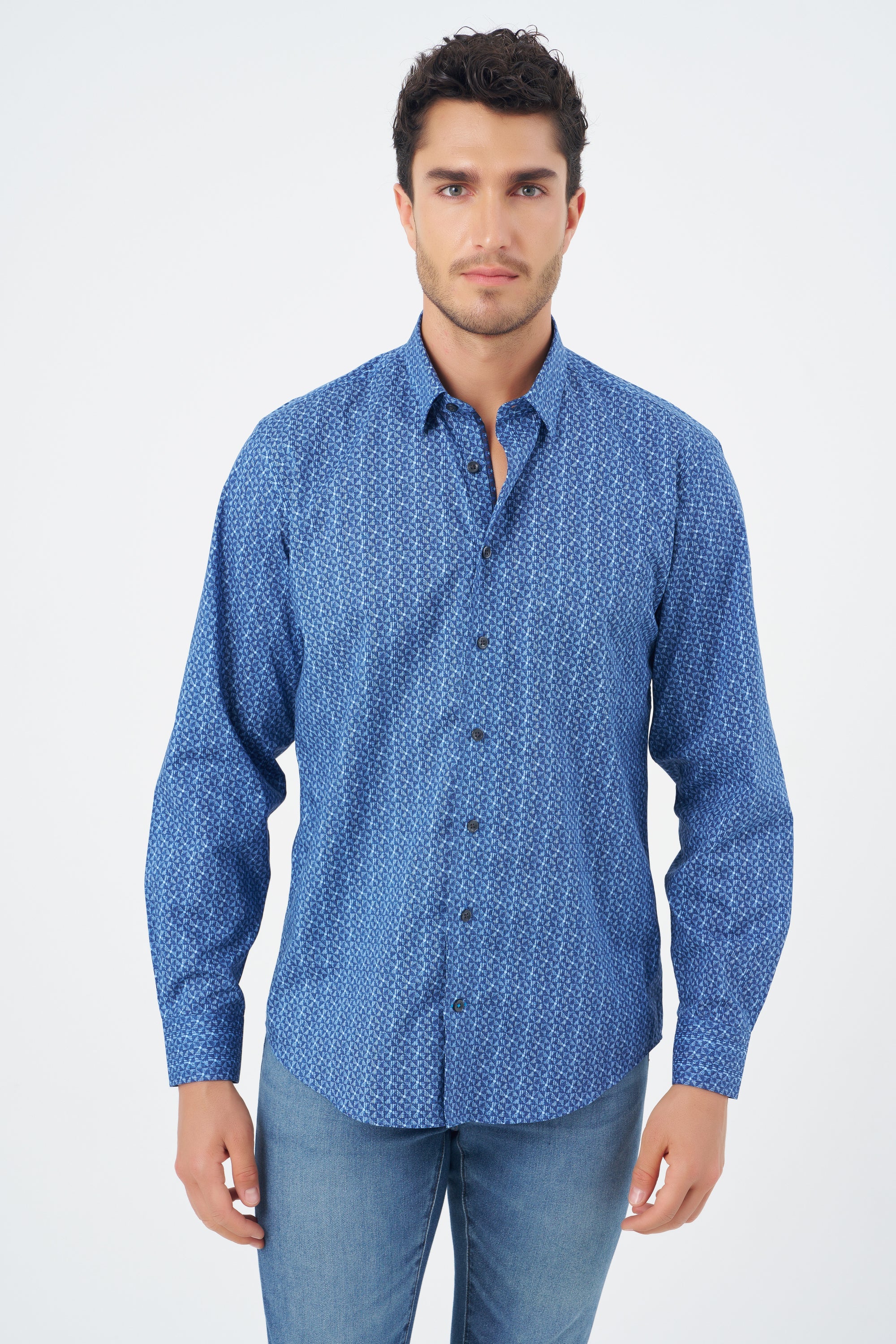 Multi Blue Geometric Cotton Sport Shirt with Hidden Button Down Collar by Leo Chevalier