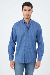 Multi Blue Geometric Cotton Sport Shirt with Hidden Button Down Collar by Leo Chevalier