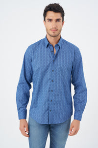 Multi Blue Geometric Cotton Sport Shirt with Hidden Button Down Collar by Leo Chevalier
