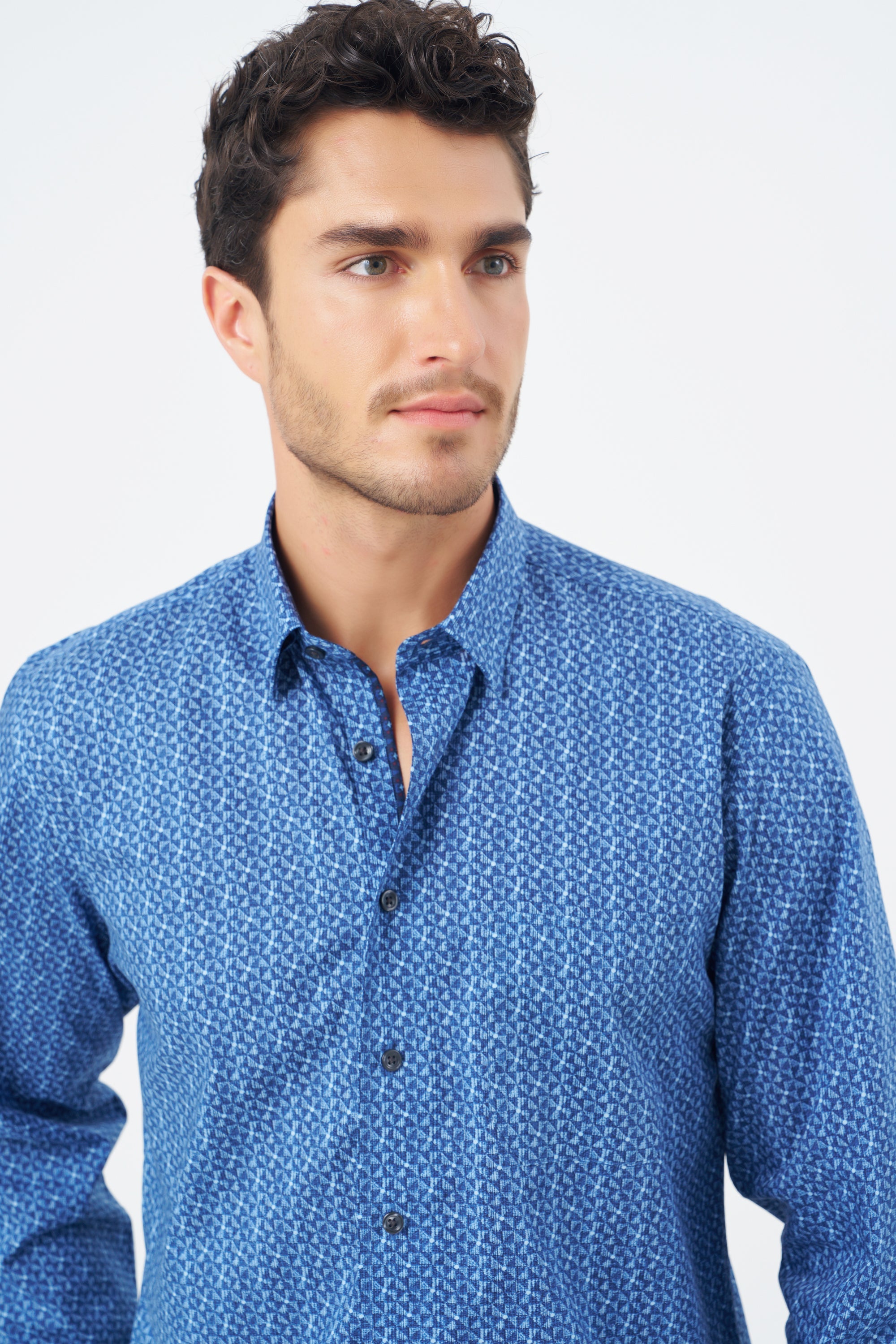Multi Blue Geometric Cotton Sport Shirt with Hidden Button Down Collar by Leo Chevalier