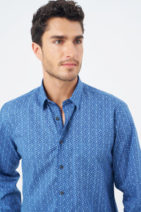 Multi Blue Geometric Cotton Sport Shirt with Hidden Button Down Collar by Leo Chevalier