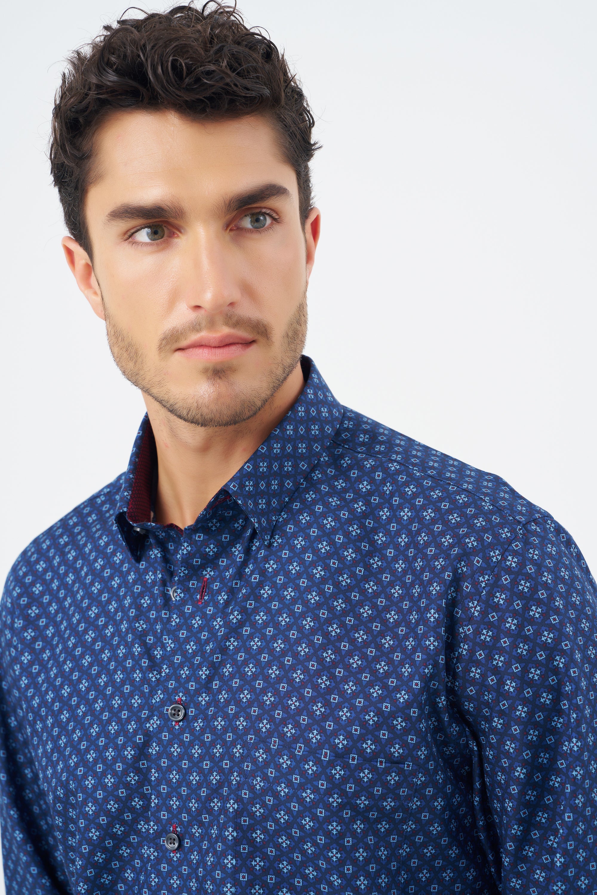 Multi Blue and Wine Geometric Cotton Sport Shirt with Hidden Button Down Collar by Leo Chevalier