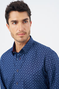 Multi Blue and Wine Geometric Cotton Sport Shirt with Hidden Button Down Collar by Leo Chevalier