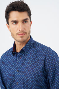 Multi Blue and Wine Geometric Cotton Sport Shirt with Hidden Button Down Collar by Leo Chevalier