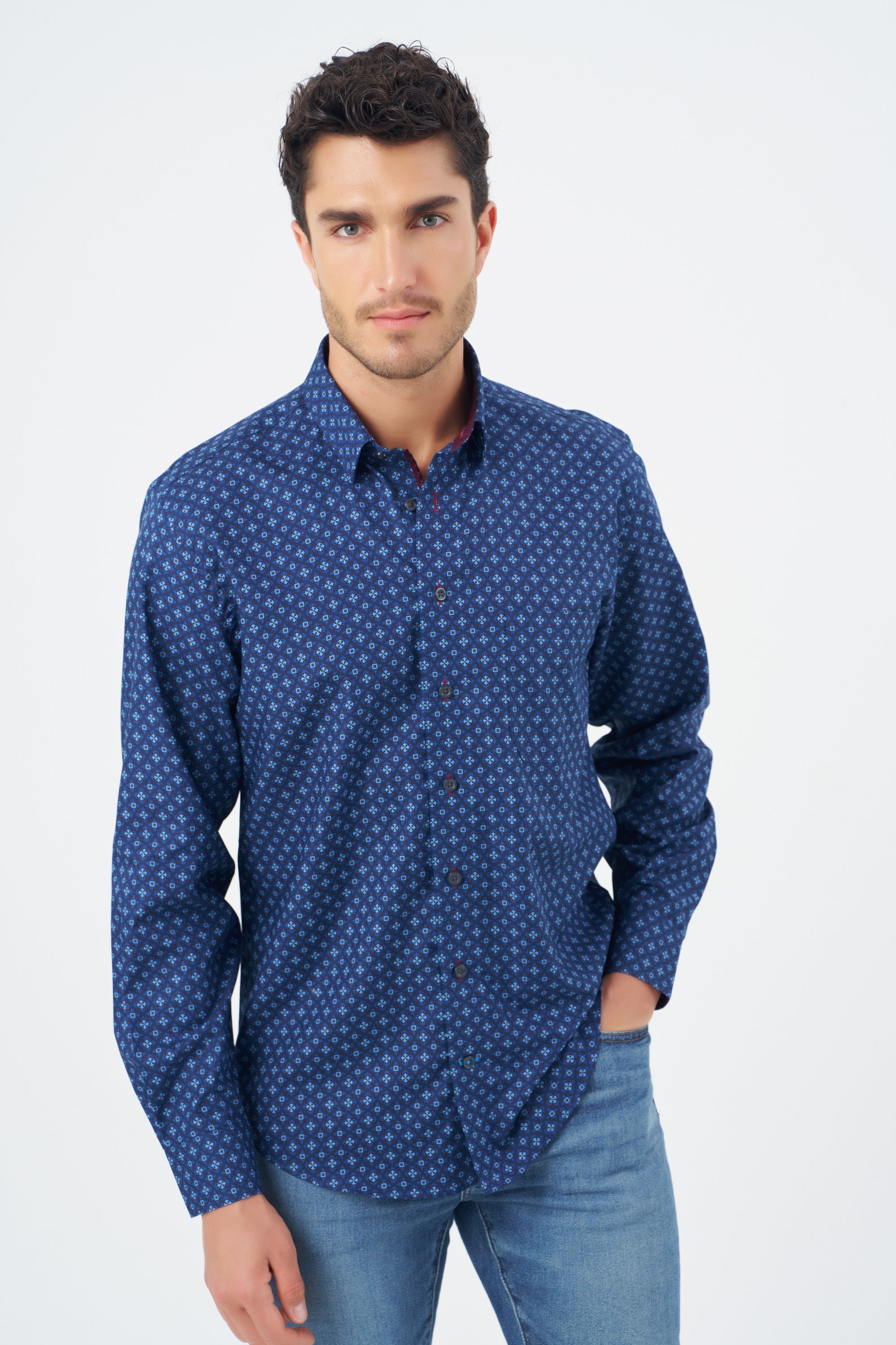 Multi Blue and Wine Geometric Cotton Sport Shirt with Hidden Button Down Collar by Leo Chevalier