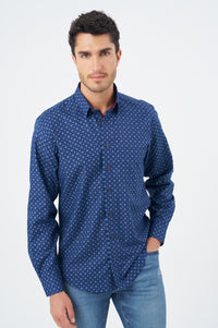 Multi Blue and Wine Geometric Cotton Sport Shirt with Hidden Button Down Collar by Leo Chevalier