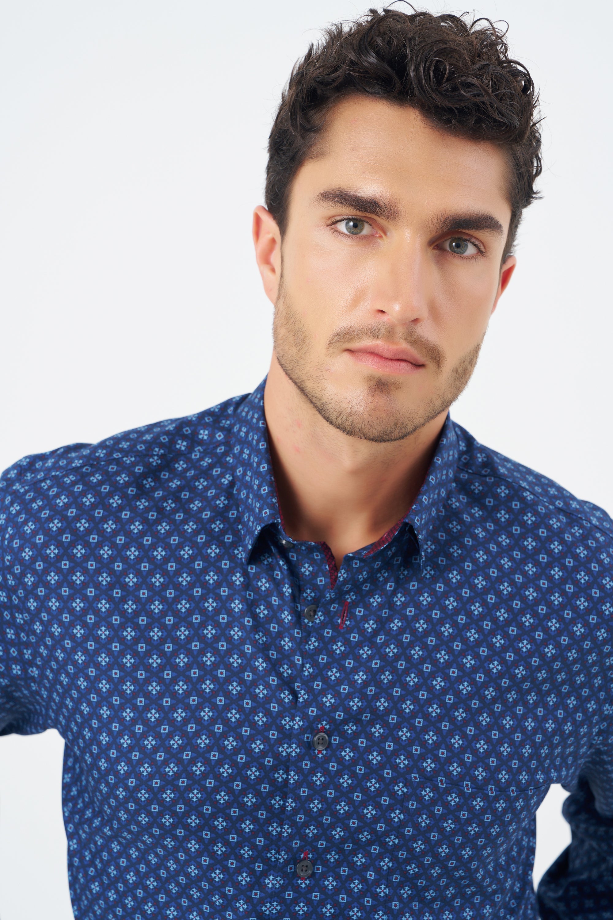 Multi Blue and Wine Geometric Cotton Sport Shirt with Hidden Button Down Collar by Leo Chevalier