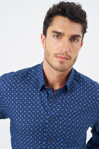 Multi Blue and Wine Geometric Cotton Sport Shirt with Hidden Button Down Collar by Leo Chevalier