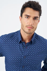 Multi Blue and Wine Geometric Cotton Sport Shirt with Hidden Button Down Collar by Leo Chevalier