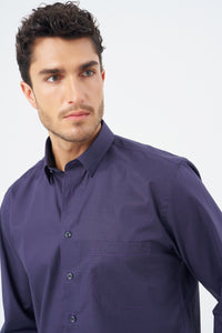 Tonal Plum Neat Geometric Cotton Sport Shirt with Hidden Button Down Collar by Leo Chevalier