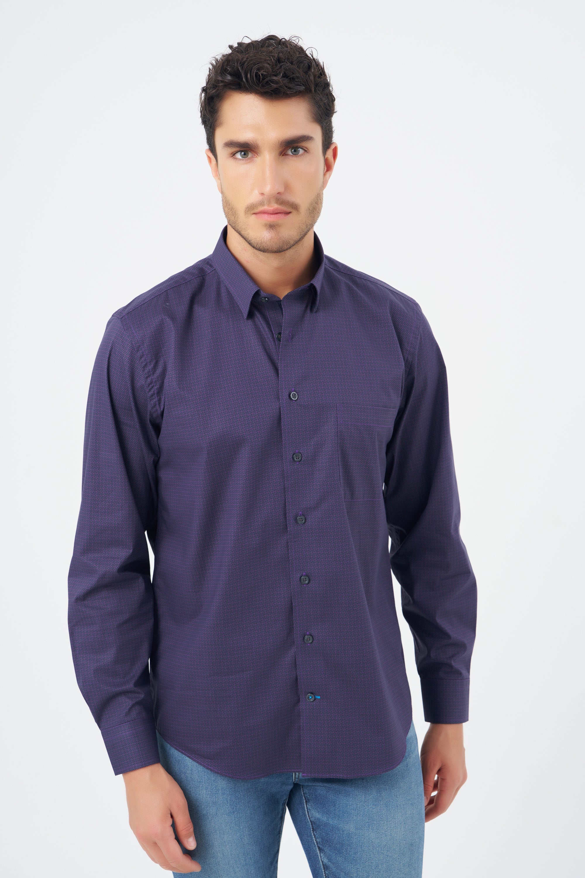 Tonal Plum Neat Geometric Cotton Sport Shirt with Hidden Button Down Collar by Leo Chevalier