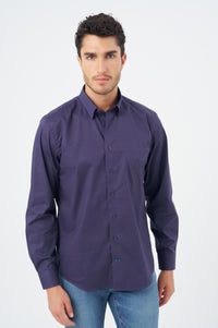 Tonal Plum Neat Geometric Cotton Sport Shirt with Hidden Button Down Collar by Leo Chevalier