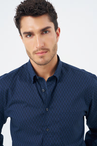 Navy and Blue Geometric Cotton Sport Shirt with Hidden Button Down Collar by Leo Chevalier