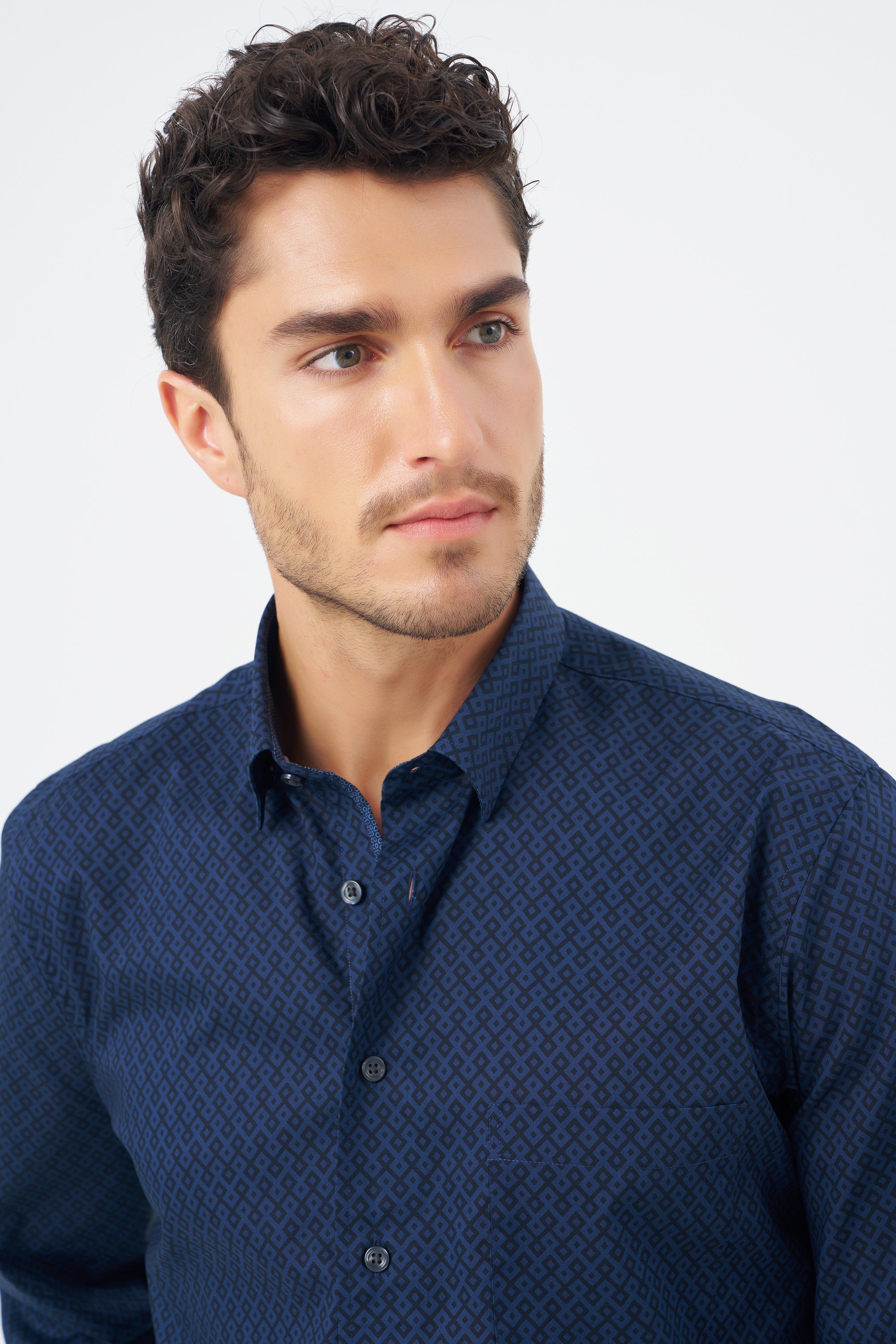 Navy and Blue Geometric Cotton Sport Shirt with Hidden Button Down Collar by Leo Chevalier