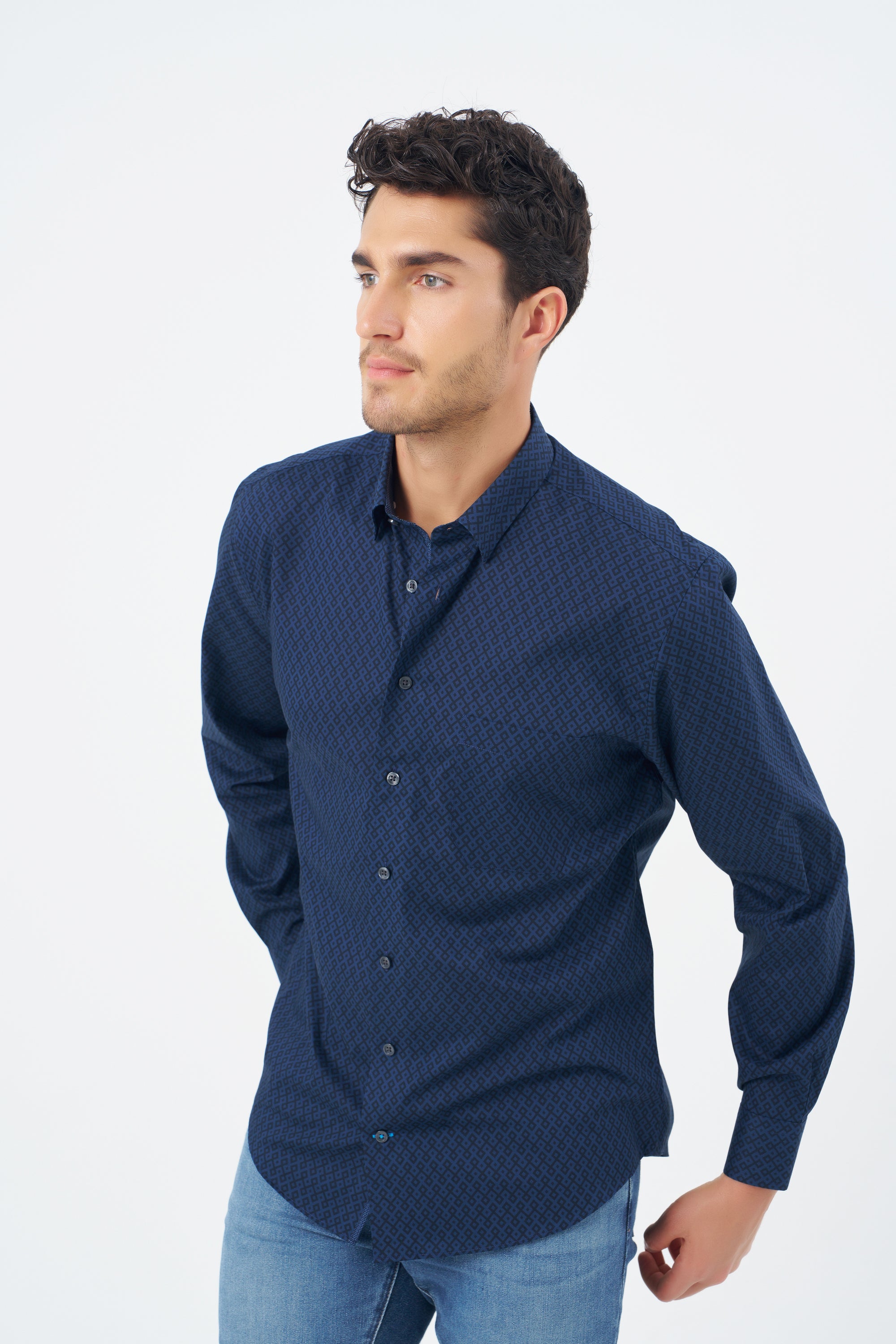 Navy and Blue Geometric Cotton Sport Shirt with Hidden Button Down Collar by Leo Chevalier