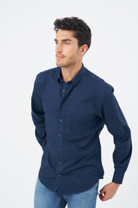 Navy and Blue Geometric Cotton Sport Shirt with Hidden Button Down Collar by Leo Chevalier
