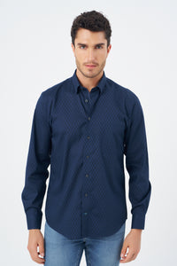 Navy and Blue Geometric Cotton Sport Shirt with Hidden Button Down Collar by Leo Chevalier