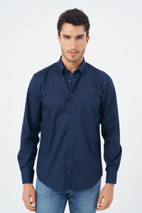 Navy and Blue Geometric Cotton Sport Shirt with Hidden Button Down Collar by Leo Chevalier