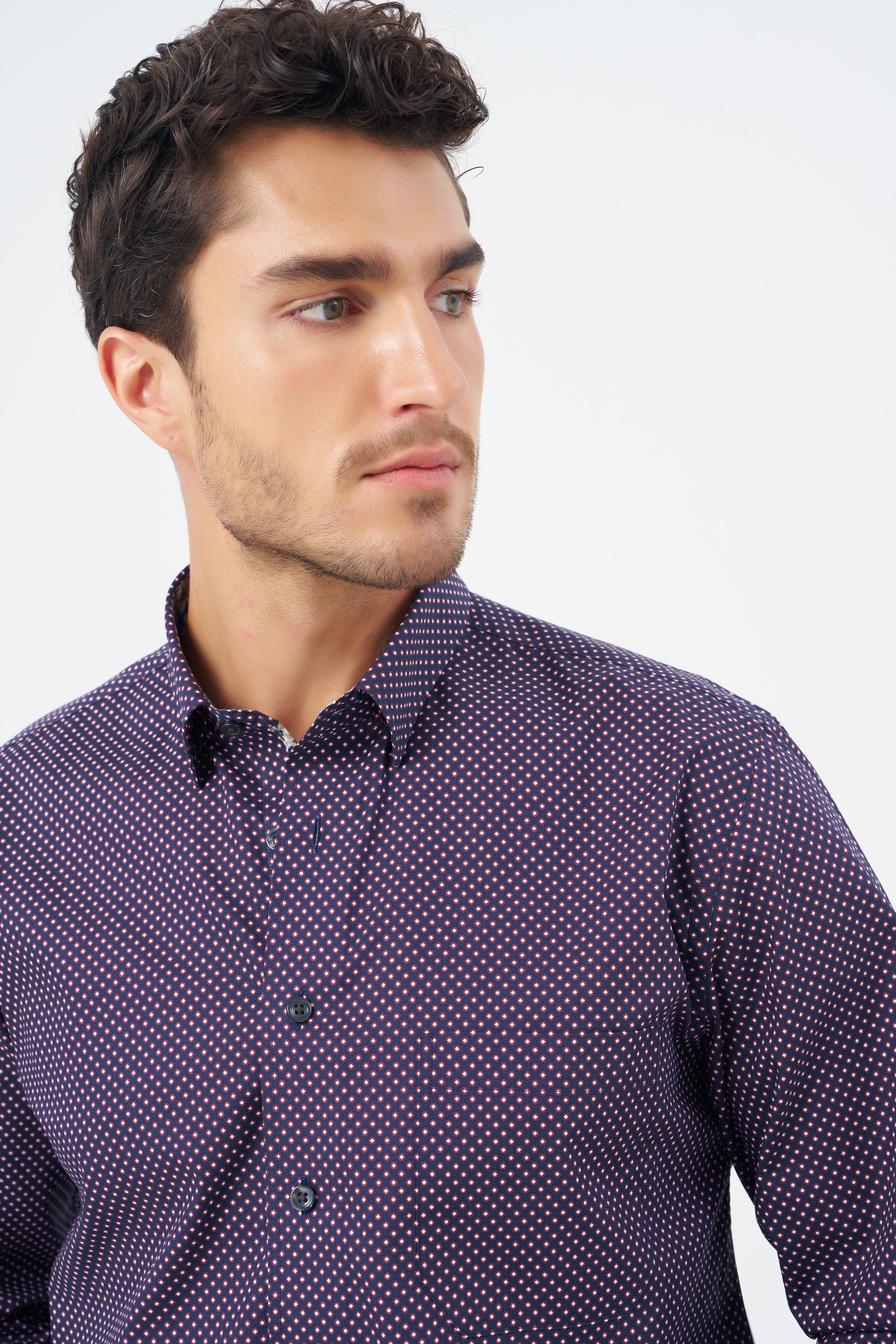 Wine and Navy Dot Print Cotton Sport Shirt with Hidden Button Down Collar by Leo Chevalier