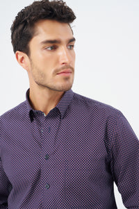 Wine and Navy Dot Print Cotton Sport Shirt with Hidden Button Down Collar by Leo Chevalier