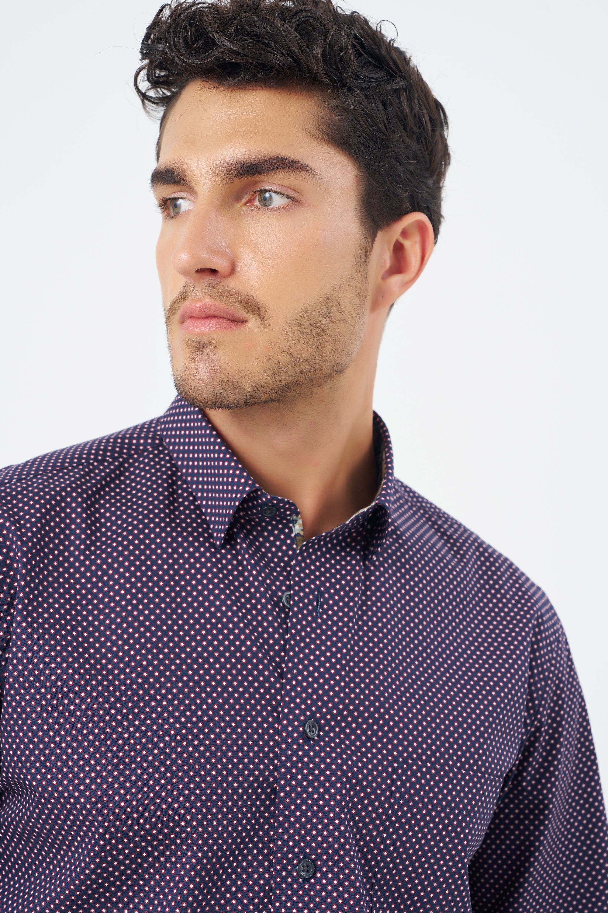 Wine and Navy Dot Print Cotton Sport Shirt with Hidden Button Down Collar by Leo Chevalier