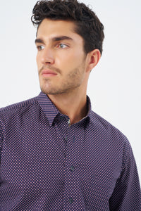 Wine and Navy Dot Print Cotton Sport Shirt with Hidden Button Down Collar by Leo Chevalier