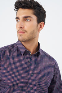 Wine and Navy Dot Print Cotton Sport Shirt with Hidden Button Down Collar by Leo Chevalier