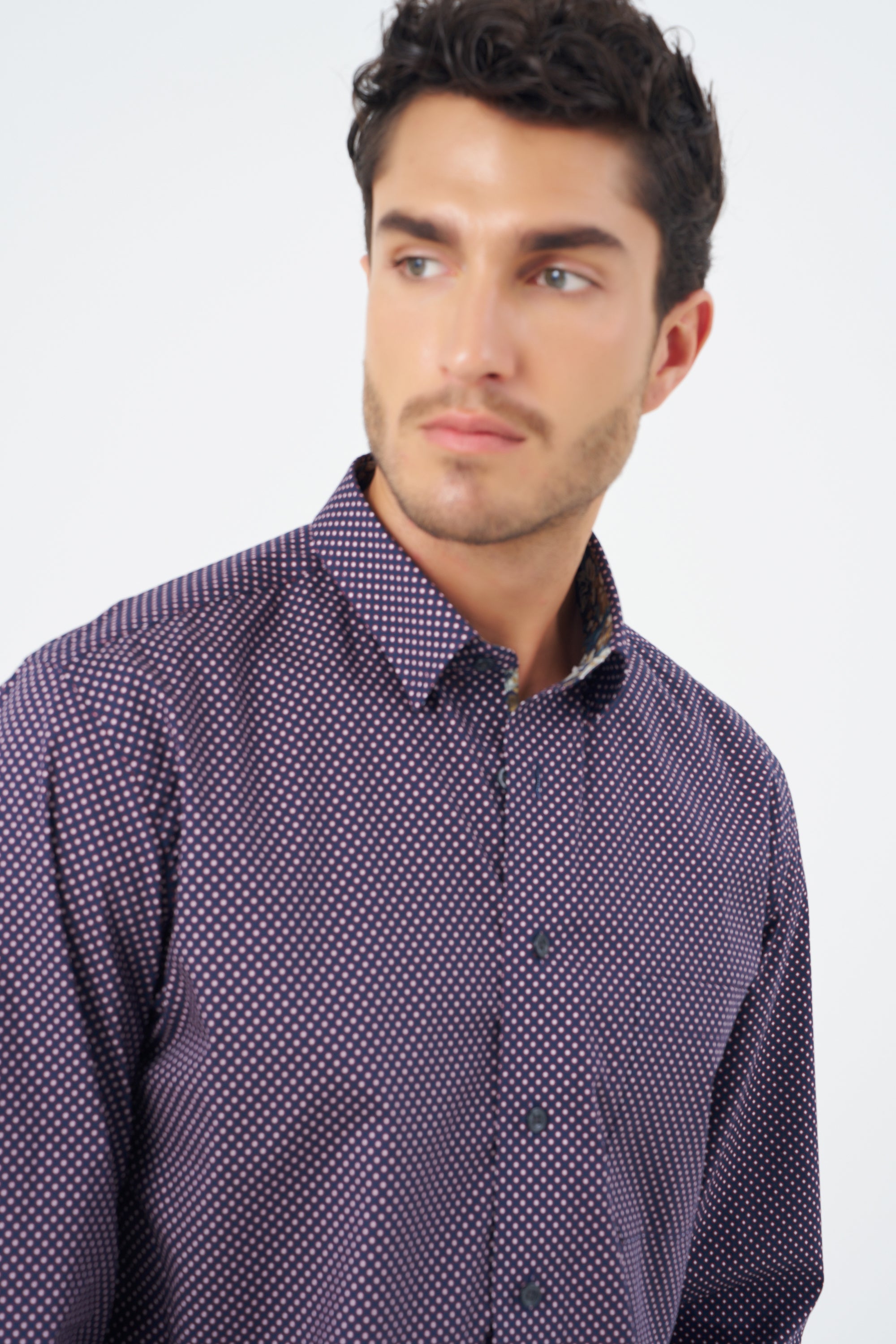 Wine and Navy Dot Print Cotton Sport Shirt with Hidden Button Down Collar by Leo Chevalier