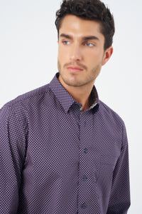 Wine and Navy Dot Print Cotton Sport Shirt with Hidden Button Down Collar by Leo Chevalier
