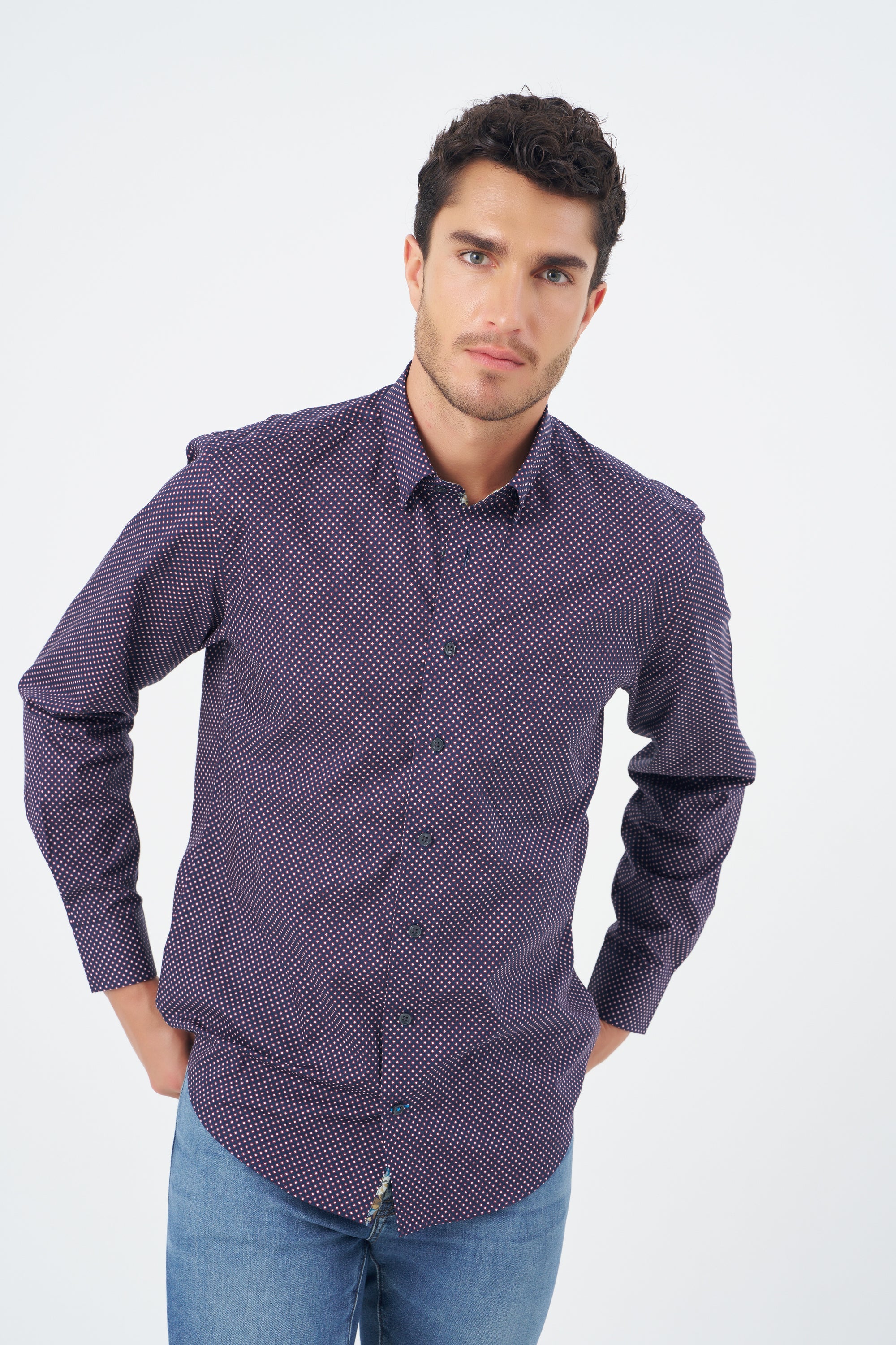 Wine and Navy Dot Print Cotton Sport Shirt with Hidden Button Down Collar by Leo Chevalier