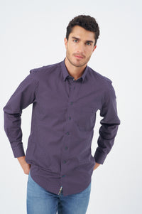 Wine and Navy Dot Print Cotton Sport Shirt with Hidden Button Down Collar by Leo Chevalier