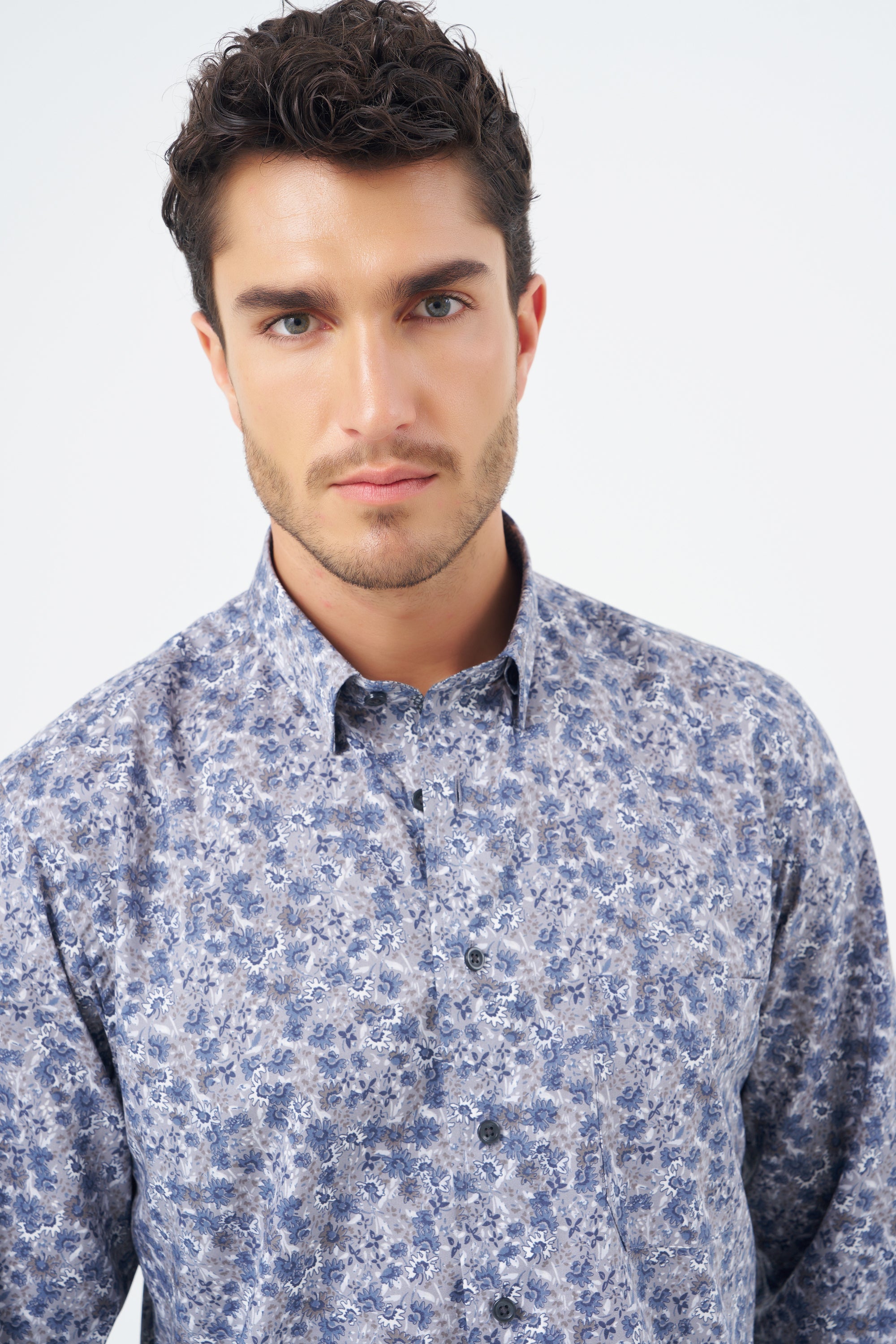 Grey and Blue Floral Print Cotton Sport Shirt with Hidden Button Down Collar by Leo Chevalier
